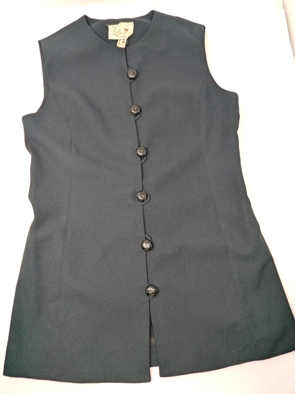Womens Long Black Vest VTG 70s Woven MOD Leisure Suit S/M Fit Leslie Fay